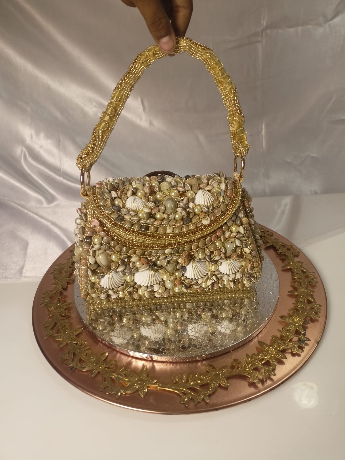 BEAD PEARL WORK GOLDEN FLAP CLUTCH