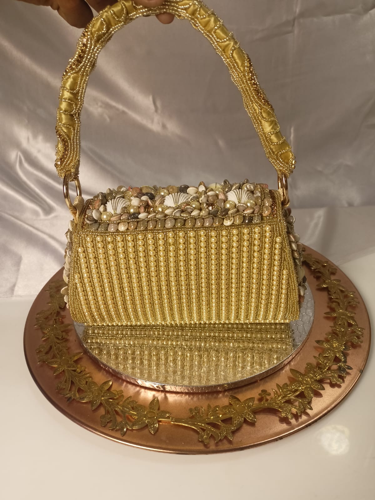 BEAD PEARL WORK GOLDEN FLAP CLUTCH