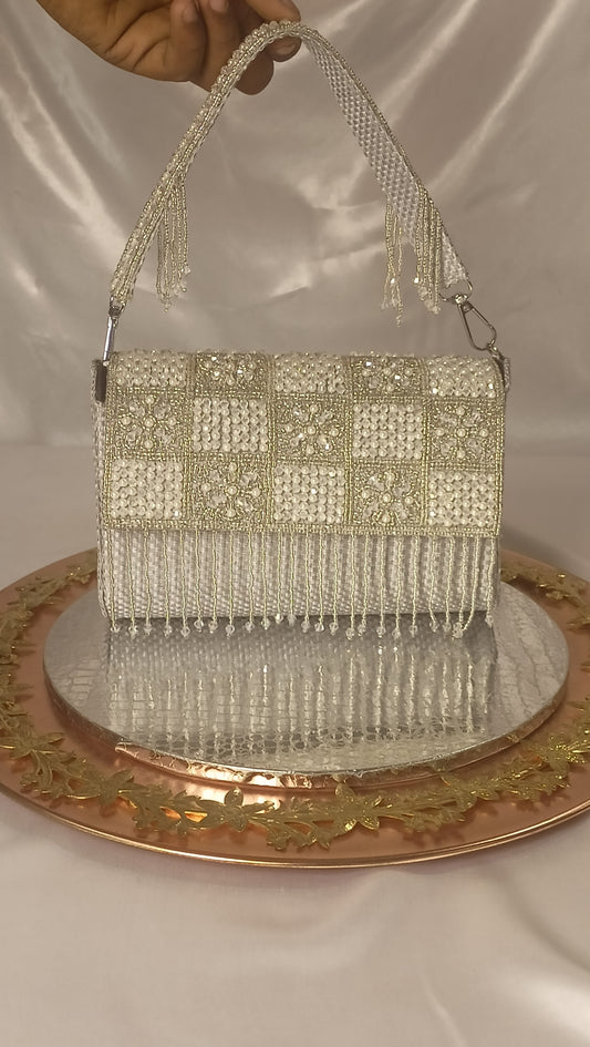 SILVER PEARL FLAP CLUTCH BAG